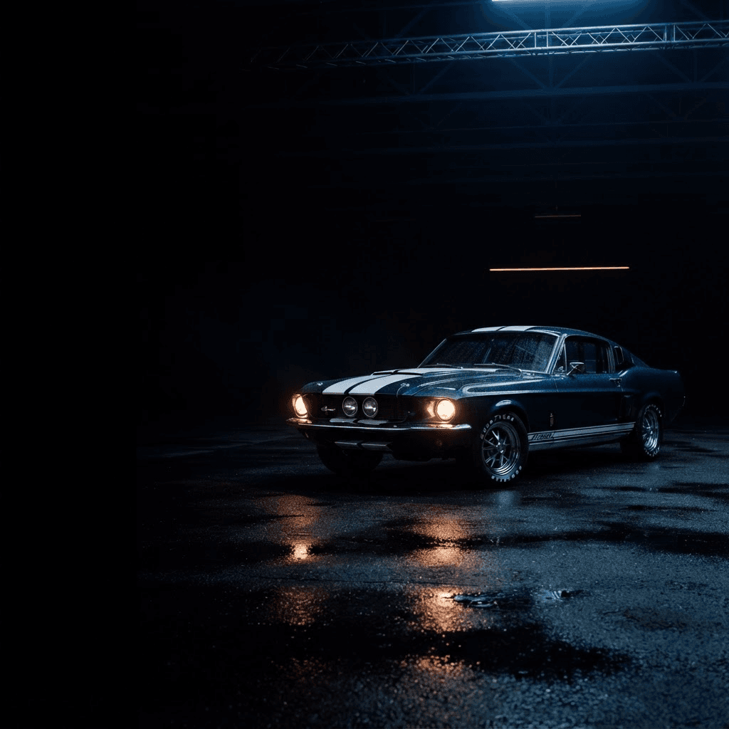 A dark blue 1967 Shelby-inspired fastback on rain-soaked asphalt at night